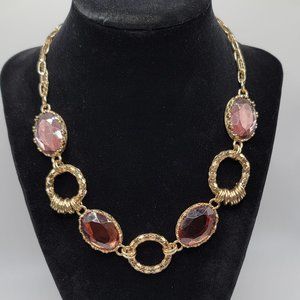 Gold Tone Chains w/ Faux Stones & Gold Tone Circles Choker Style Necklace